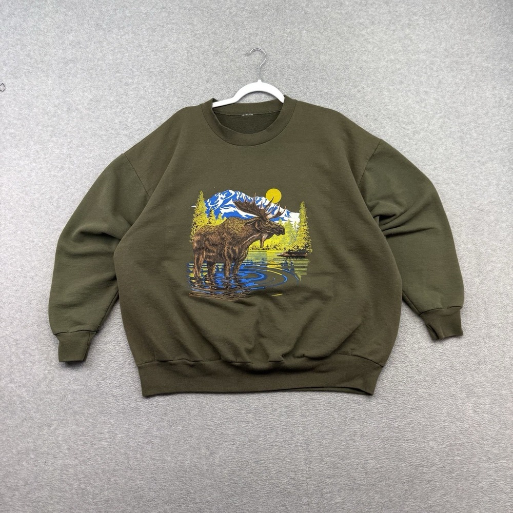 Vintage Nature Crewneck Sweatshirt Mens XL Moose Duck Green 90s Cozy Earth Tone - Picture 3 of 9
